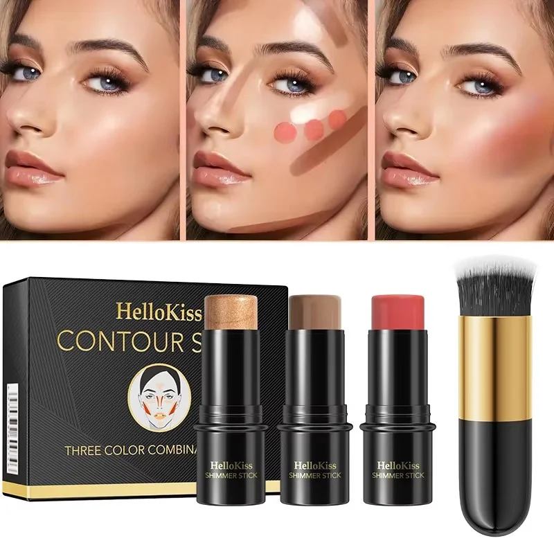 3-Piece Cream Contour Set 1 Set of 3 Contour Sticks Highlighter Stick Blush Stick 3-Piece Cream Contour Set Including Brush Creates Facial Contours Non-Greasy