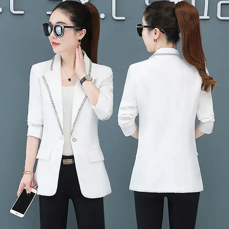 

Diamond-Studded Suit Coat Women's 2023Spring Autumn New Overwear Korean Fashionable Long-Sleeved Blazers Jacket Female Trend Top