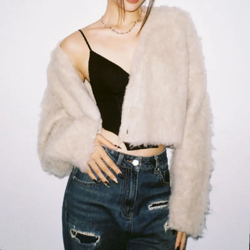 

2023 Autumn And Winter Beige Wool Loose Cardigan Lazy Warm Sweater Coat Female