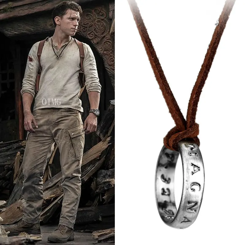 

Movie Game Uncharted 4 Necklace Nathan Drake Cosplay Ring Leather Code Ancient Vintage Pendant Jewelry Prop