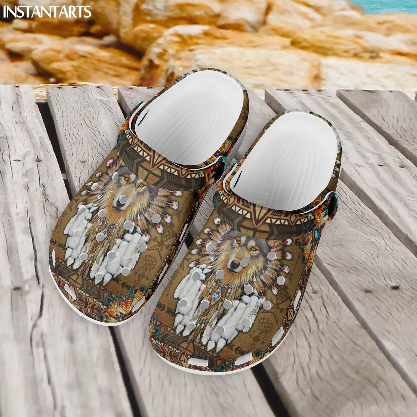 

INSTANTARTS Vintage Indian Wolf Tribal Print Unisex Hole Shoes Casual Clogs Lightweight EVA Outdoor Slipper Sandal for Women