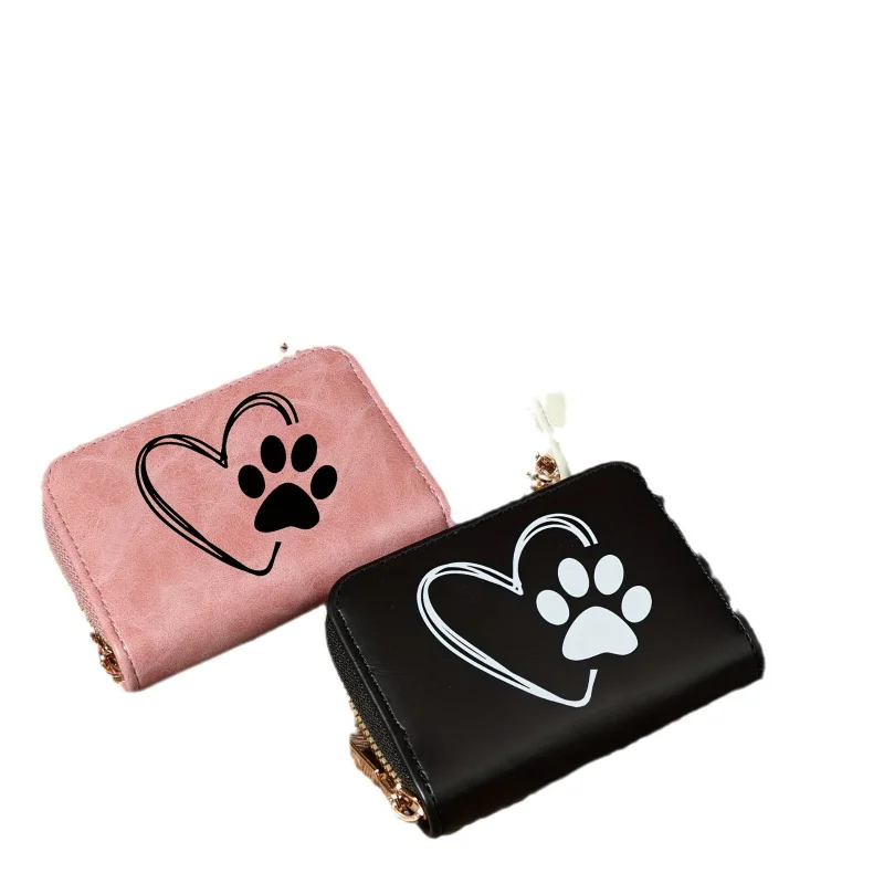 Heart-shaped Cat Paw Print Accordion Wallet for Women Faux Leather Card Holder Short Zipper Wallet