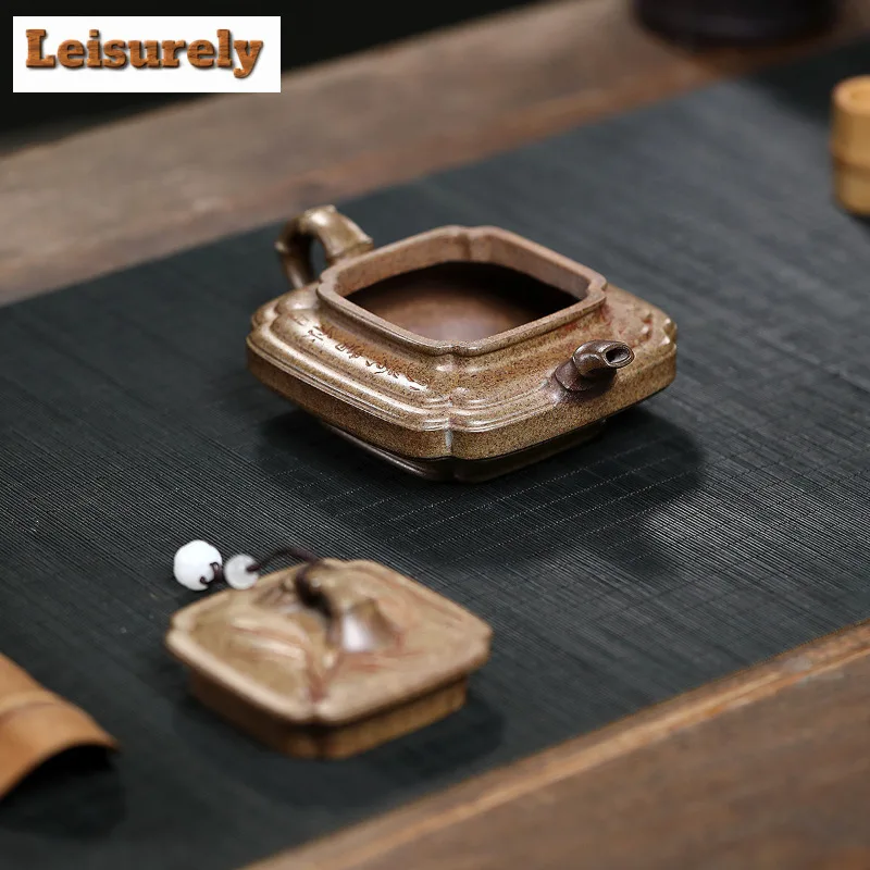 200ml Yixing Purple Clay Teapot Handmade Square Bamboo Joint Flat Pot Raw Ore Agilawood Mud Kettle With Filter Zisha Teaset Gift