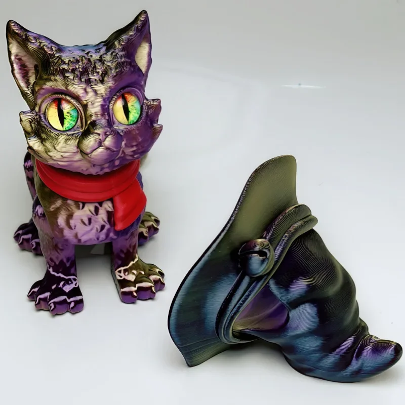 Magical 3D Printed Movable Cat Figurine with Witch Hat - Home and Office Decoration Gift