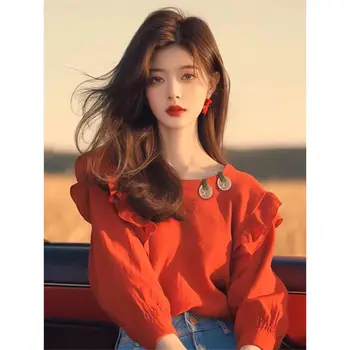 Red Ruffled Long-Sleeved Shirt for Women – 2025 Autumn Fashion Top