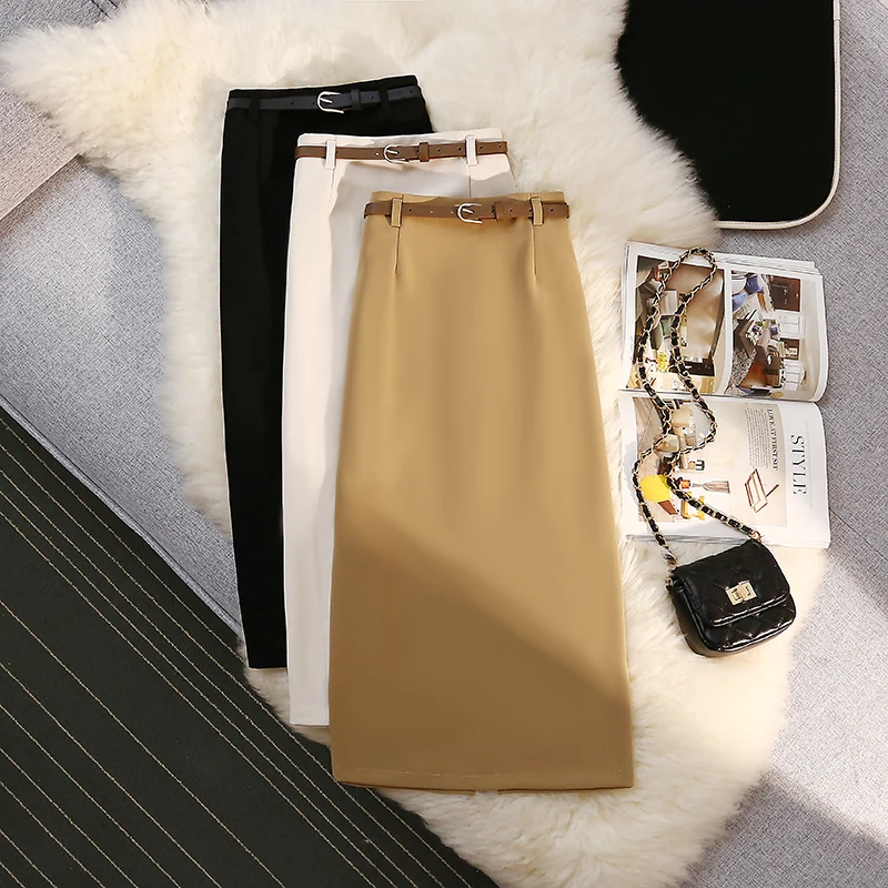 

Women's Commuter Style Straight Skirt Summer Chic Fashion Female High Waist Split Design Mid Length Suit Skirt