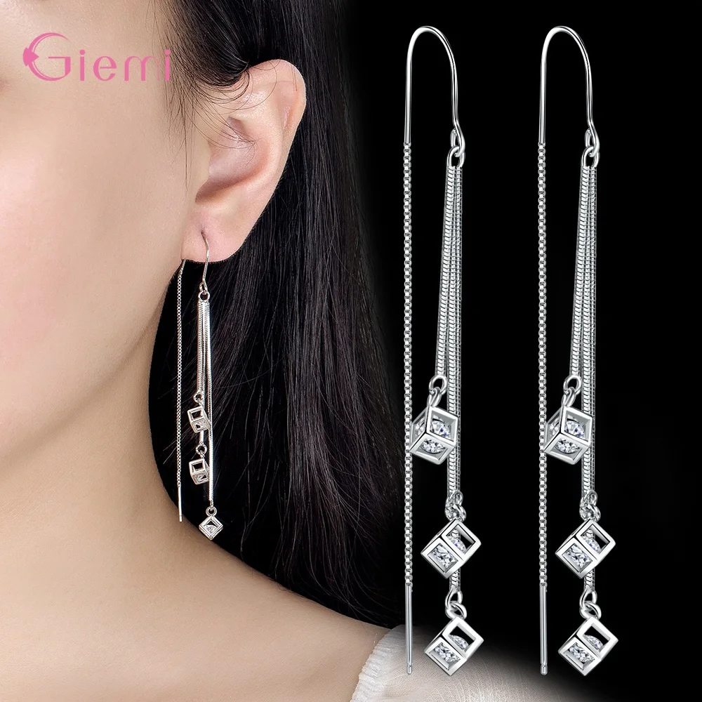 

925 Sterling Silver Jewelry New Fashion Hot Sale Square Cube Cubic Zircon Stone Tassel Pendientes Earrings for Women Girls