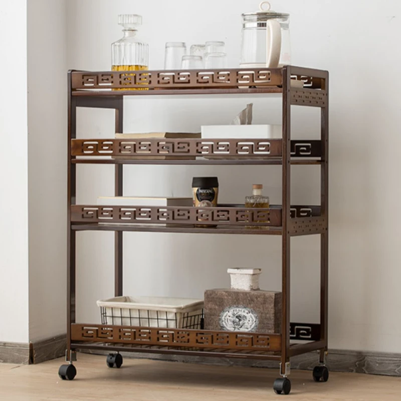 Movable Tea Table Storage Rack MultiLayer Kitchen and Living Room Organizer Bamboo Wood Tea Trolley
