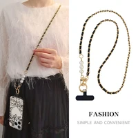 Longue chaîne de perles tendance et à la mode, lanière de téléphone portable, bandoulière simple en cuir tissé, chaîne de téléphone portable en métal 1