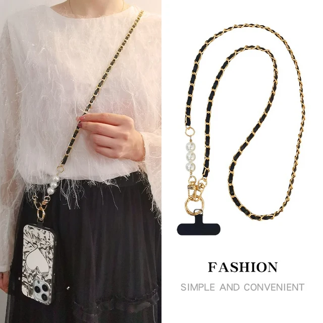 Longue chaîne de perles tendance et à la mode, lanière de téléphone portable, bandoulière simple en cuir tissé, chaîne de téléphone portable en métal 1
