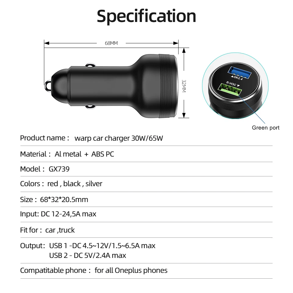 2.1a Dual-USB-Auto ladegerät 65W Warp-Ladung 30W Dash-Schnell ladekabel für oneplus 10 9 8 pro 9rt nord ce 2 5g n10 7t pro – Detail 14