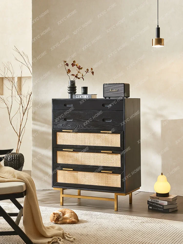 

Vintage Solid Wood Rattan Entrance Cabinet Chest of Six Drawers Drawing Cabinet Storage Cabinet