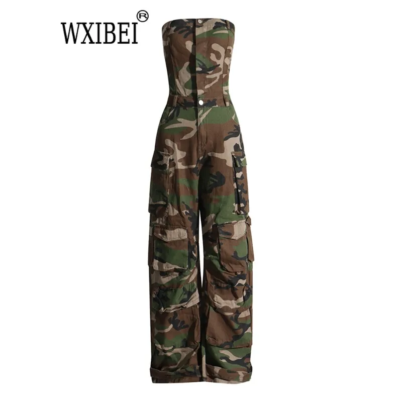 WXIBEI Camouflage Cargo Jumpsuits For Women Starpless Sleeveless High Waist Spliced Pockets Streetwear Jumpsuit Female New FC943 chicever y2k denim jumpsuits for women strapless sleeveless off shoulder high waist patchwork pockets hit color jumpsuit female