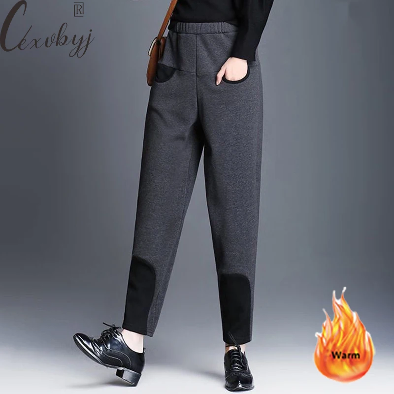 Fleece Lined Loose Sweatpants Women Autumn Winter Elastic Waist Oversized Harem Pants Vintage Plus Velvet Solid Jogger Trousers