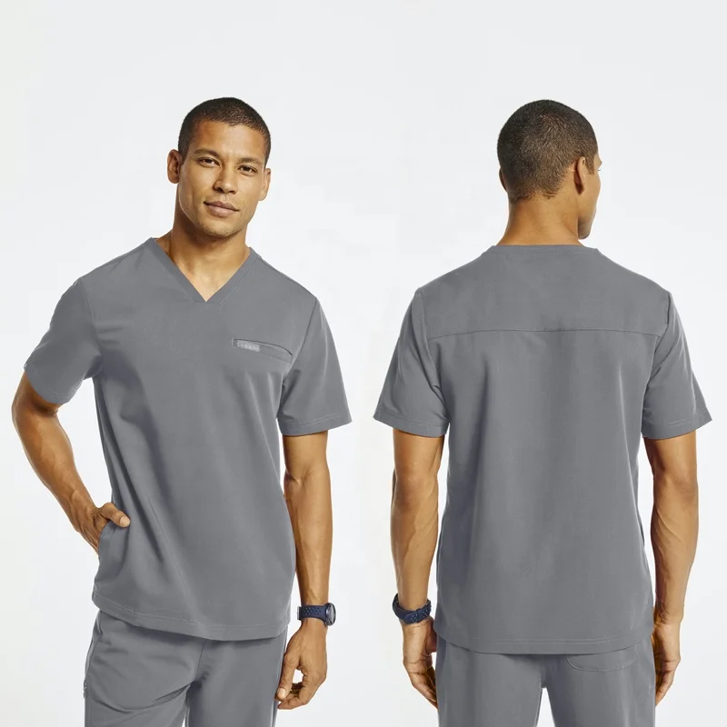 Pakaian kerja pria, tahan lama tradisional santai cocok merenggang 4-saku leher V pakaian kerja Rumah Sakit seragam medis Scrub Top