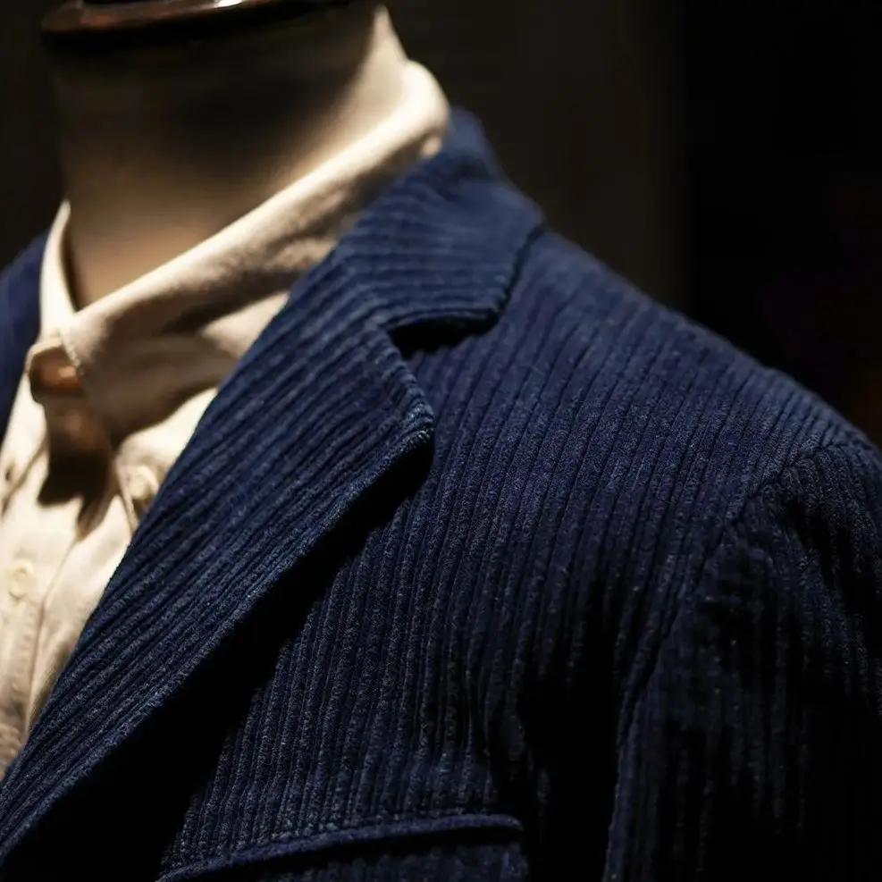 Men's Indigo Engineer Corduroy Suit Jacket Classic French Style Outwear 5