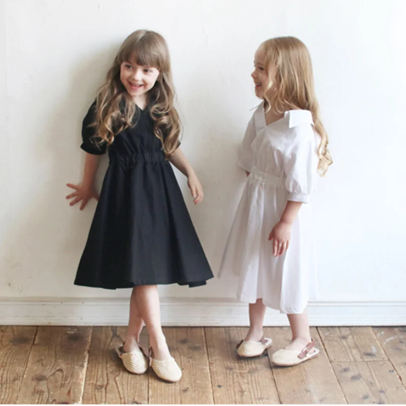 

2023 Summer New Korean Style Children Loose Dress Solid White Black Color Long Beach Dress Kids Girls Princess Dress Clothes