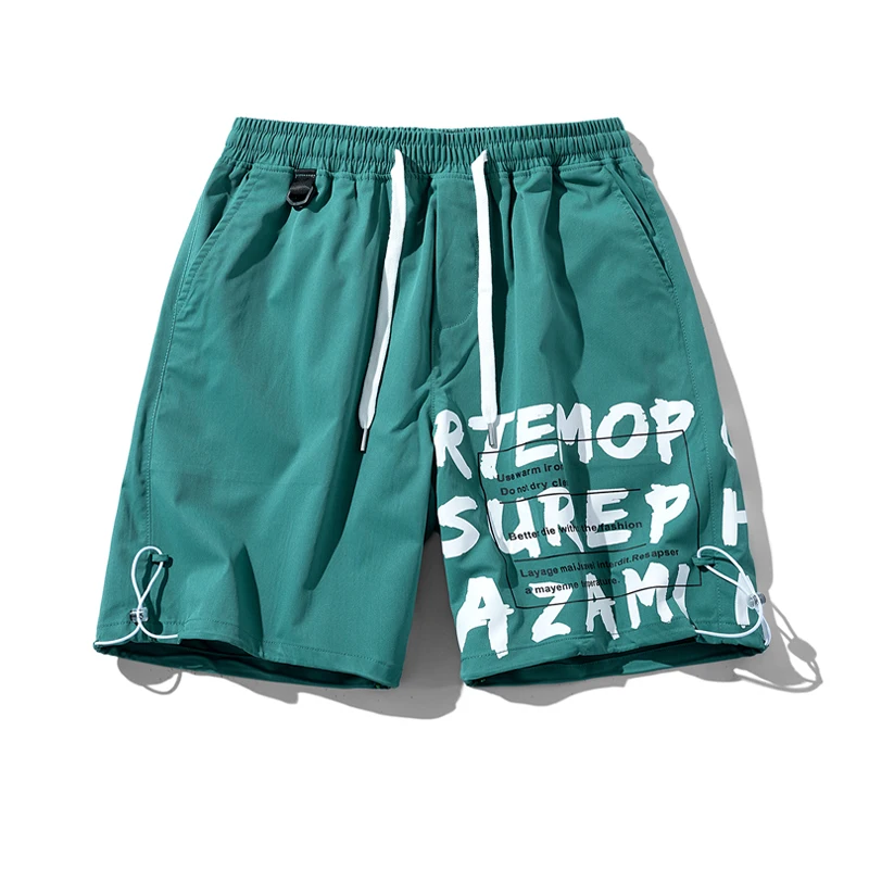 Men's Summer Elastic High Waist Pockets Letter Bandage Printing Drawstring Casual Loose Trousers Fashion Vacation Punk Shorts
