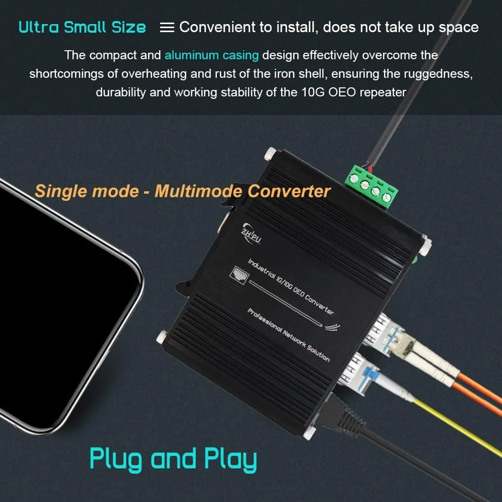 Industrial 10G OEO Media Converter SFP+ Fiber Ethernet Extender OEO Fiber Repeater with 3R Repeater Function, Support 1.25G/10G