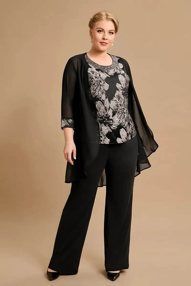 

Women Pant Sets Plus Size Mother Of The Bride 3/4 Sleeve Three Pieces Set Pant Suits Fashion Floral Printed Chiffon Shawl Outfit