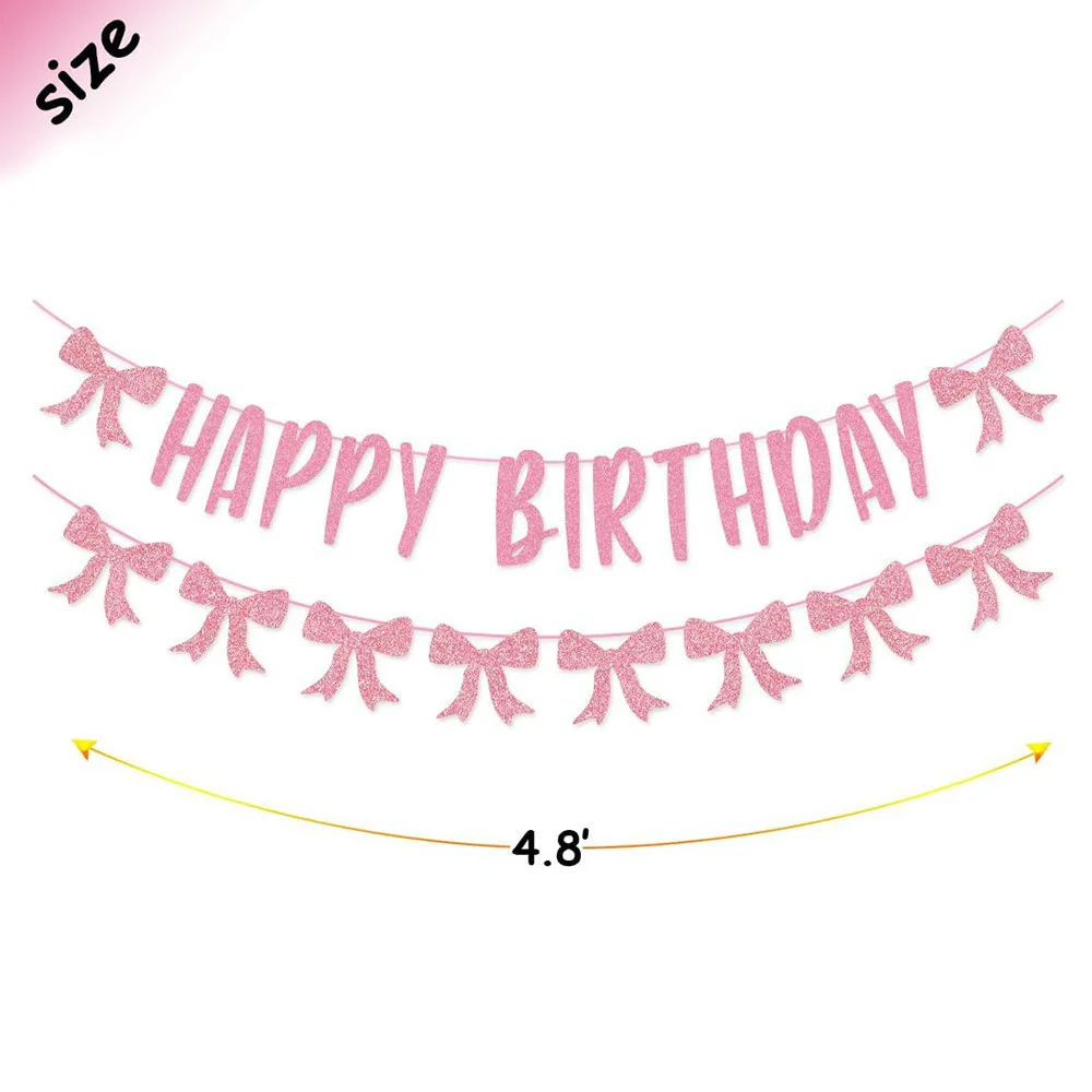Pink Bowknot Happy Birthday Banner Birthday Party Decoration Hanging Garland Banner Baby Shower For Boy Girl Prop Decor