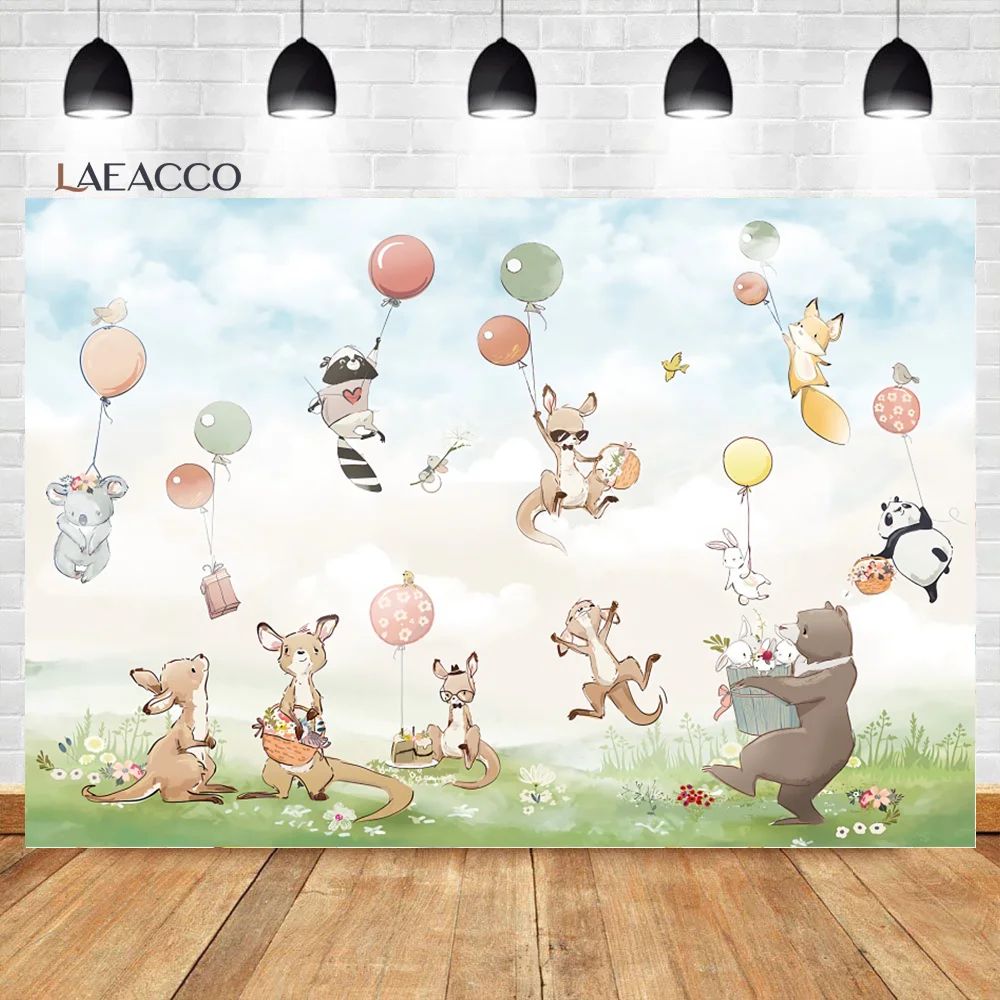 Happy Birthday Backgrounds Hot Air Balloon Jungle Animals Safari Party Newborn Photocall Photography Backdrop Laeacco photo backdrop photo wallpaper party decoration covers