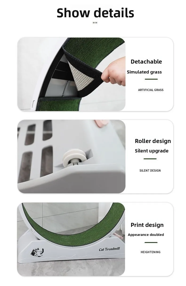 A "Show Details" infographic with three panels: the top shows a hand peeling back the detachable simulated grass lining; the middle shows a close-up of the silent upgrade roller wheel; the bottom shows the base with a cute cat illustration and the text "Cat Treadmill."