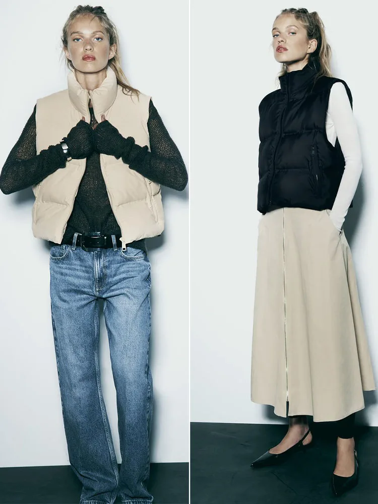 

Новинка осени 2023 женская одежда универсальный короткий жилет с воротником-стойкой без рукавов на молнии с карманами с подкладкой