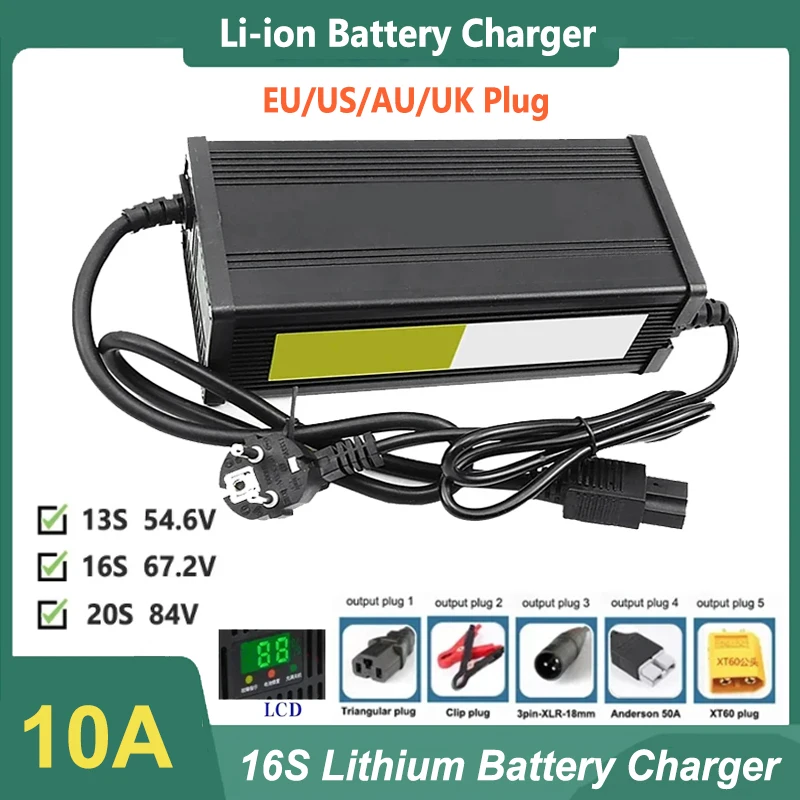 

10A Lithium Battery Charger LED High Power 13S 16S 20S 54.6V 67.2V 84V Lipo Li-ion Ebike Battery Fast Charger Fan Aluminum Shell