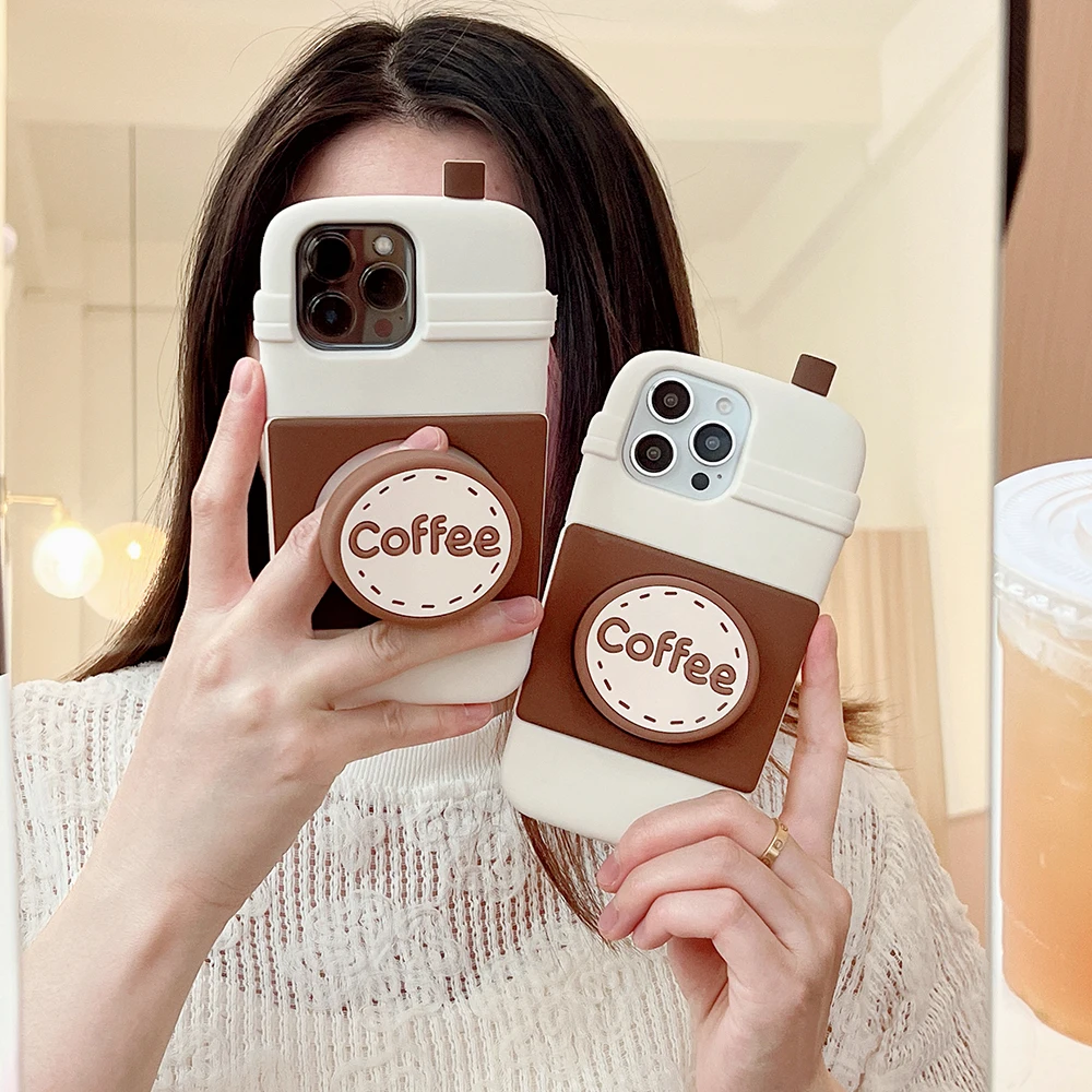 3D Coffee Bracket Silicone Case with Stand Holder - Shockproof Cover