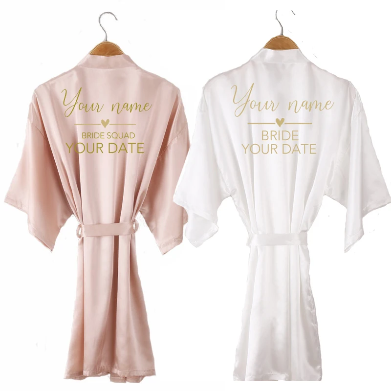 quick name date bridal party robe satin women party gift DIY luxury gold foil writing kimono short team bridesmaid Robe