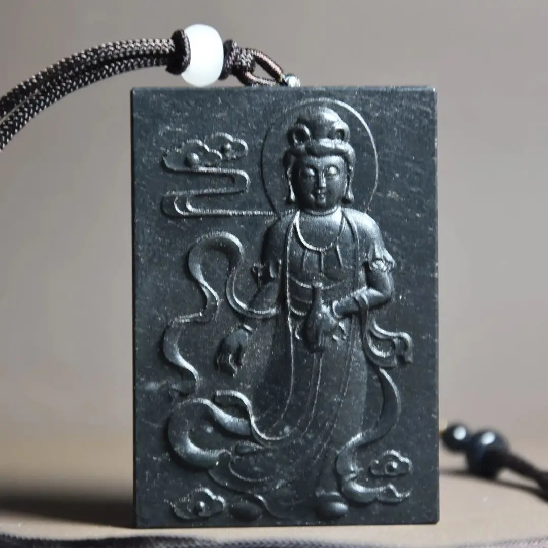 

China Hongshan Culture Black Iron Magnetism Meteorite Sculpture Lucky “ Avalokitesvara ”Statue Handicraft Home Decoration