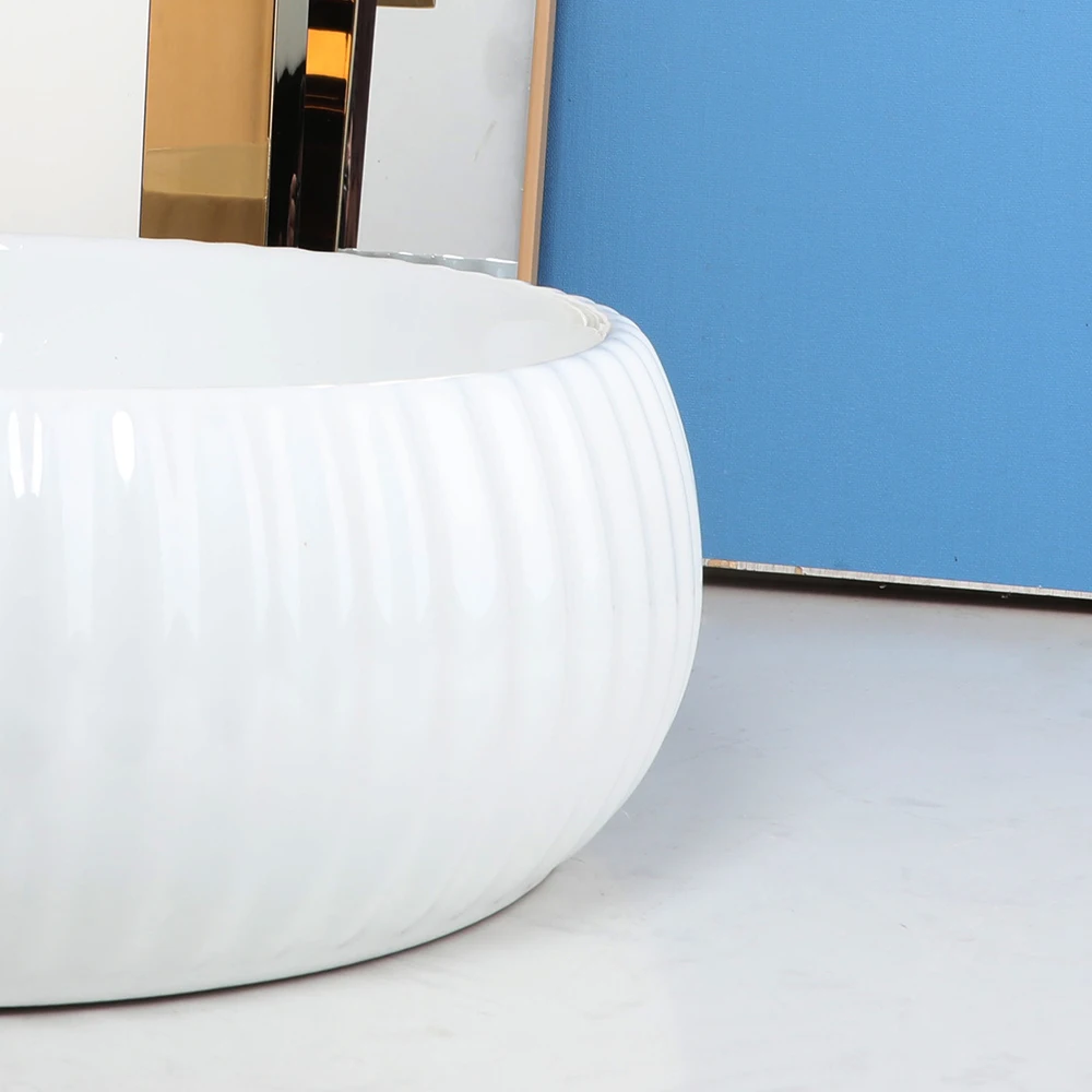 YANKSMART Round Bowl Bathroom Washbasin Sink White Ceramic Minimalist Counter Top Vessel Vanity with Faucet Pop-up Drain Set 5