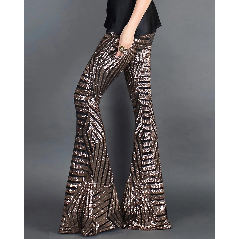 2024 Summer Women Vintage Striped Sequin Glitter Nightclub Skinny Flared Pants Female Long Pants Streetwear y2k Ball Trousers