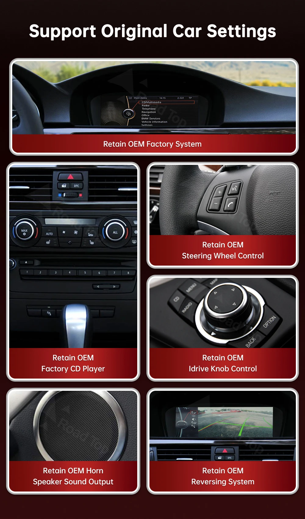 RoadTop DE Lagerbestand 12,3'' Kabelloses CarPlay Linux Ultra-dünner Bildschirm für BMW Serie 3 5 E60 E61 E90 E91 E92 E93 CCC CIC Multimedia-Display Autoradio Touchscreen, Unterstützt Kabelloses CarPlay, Android Auto, Mirrorlink, Behält OEM-Funktionen bei – Detail 8