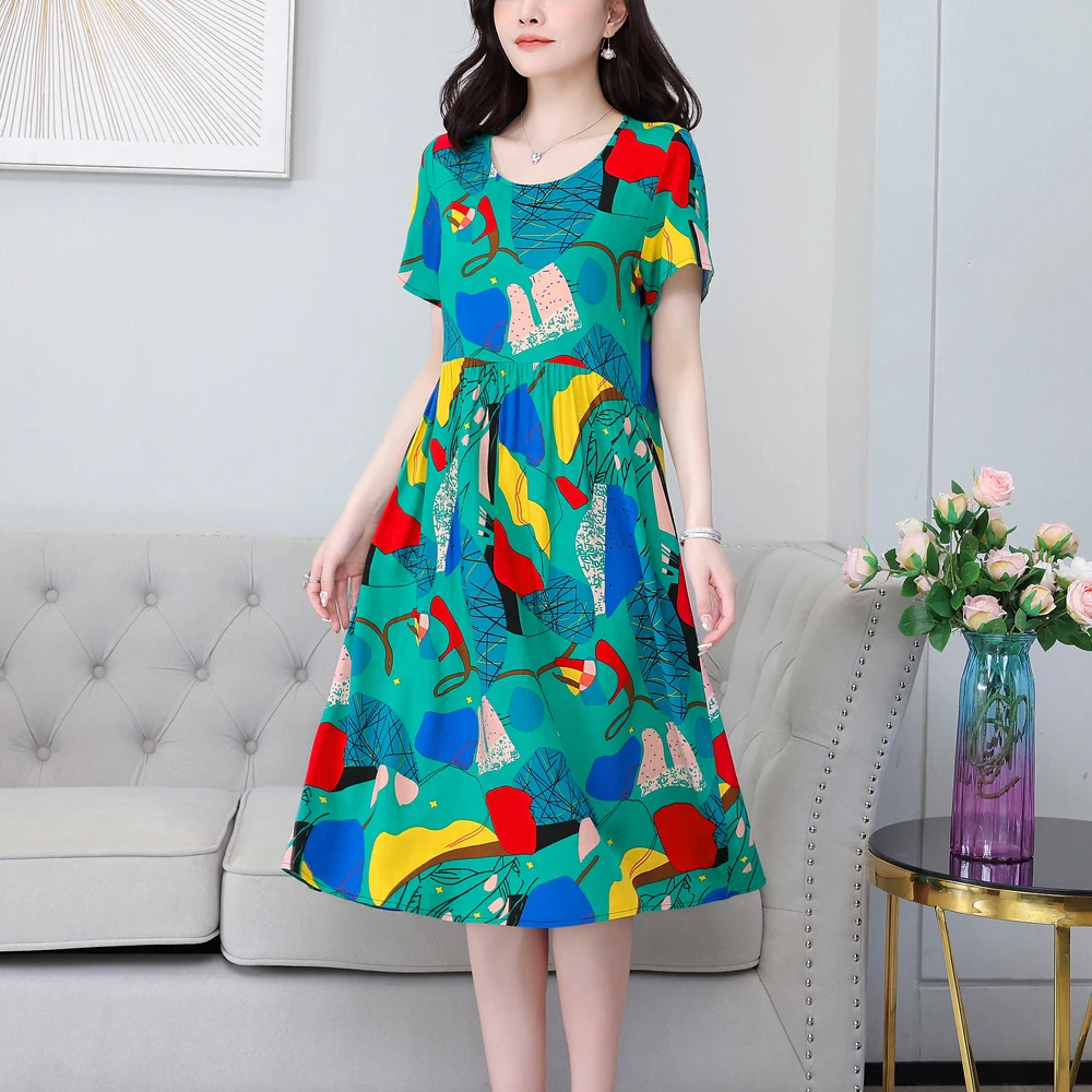 

New Hot Casual 2023 Summer Dress For Women Short Sleeve Elegant Vintage O-Neck Plus Size Floral Print Dresses Women Clothing