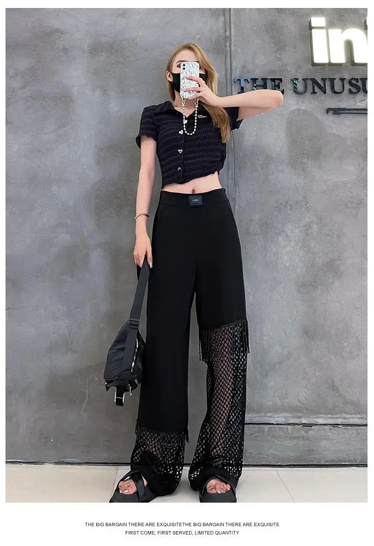 2024 Summer Women's Hollow Mesh Loose Straight Tube Slim and Hanging Large Size Wide Leg Pants