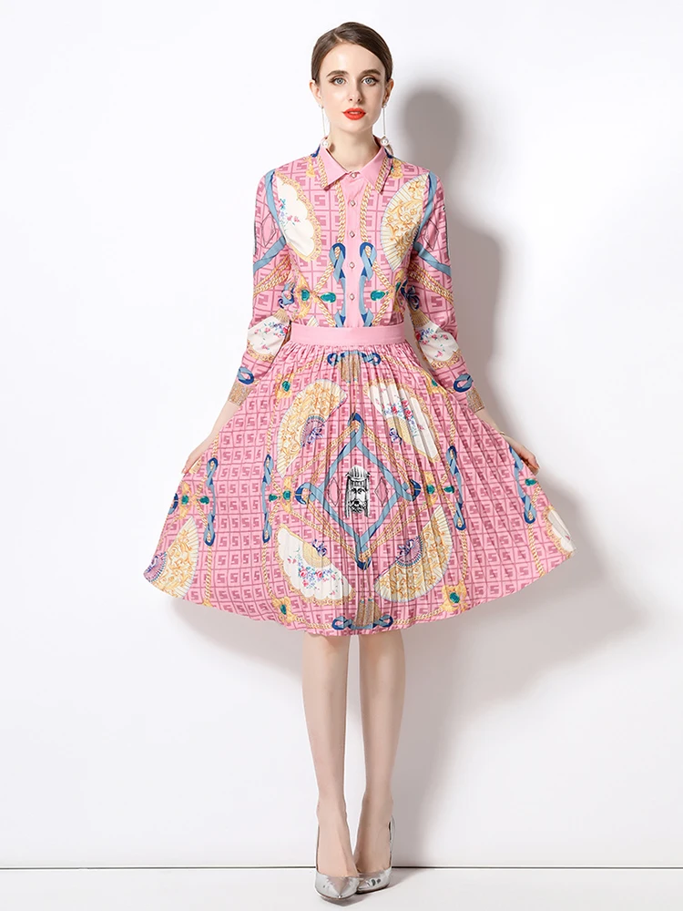 

Runway Fashion Vintage Print Single Breasted Blouse + A Line Pleated Skirt 2 Pieces Sets Vestidos Women Midi Outfits N9220