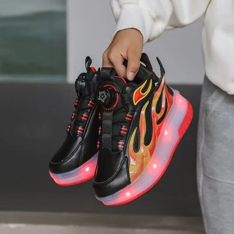 Rotating button Girls' sneakers 2024 New kids leather top Rampage lace Light skates Student Breathable Flame roller skates