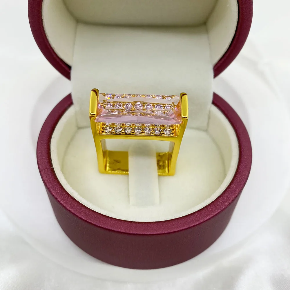 14K Gold Inlaid Pink Geometric Rectangular Ring Women's Wedding Gift Pink Gem Party Ring wedding rings gold rings gemstone ring