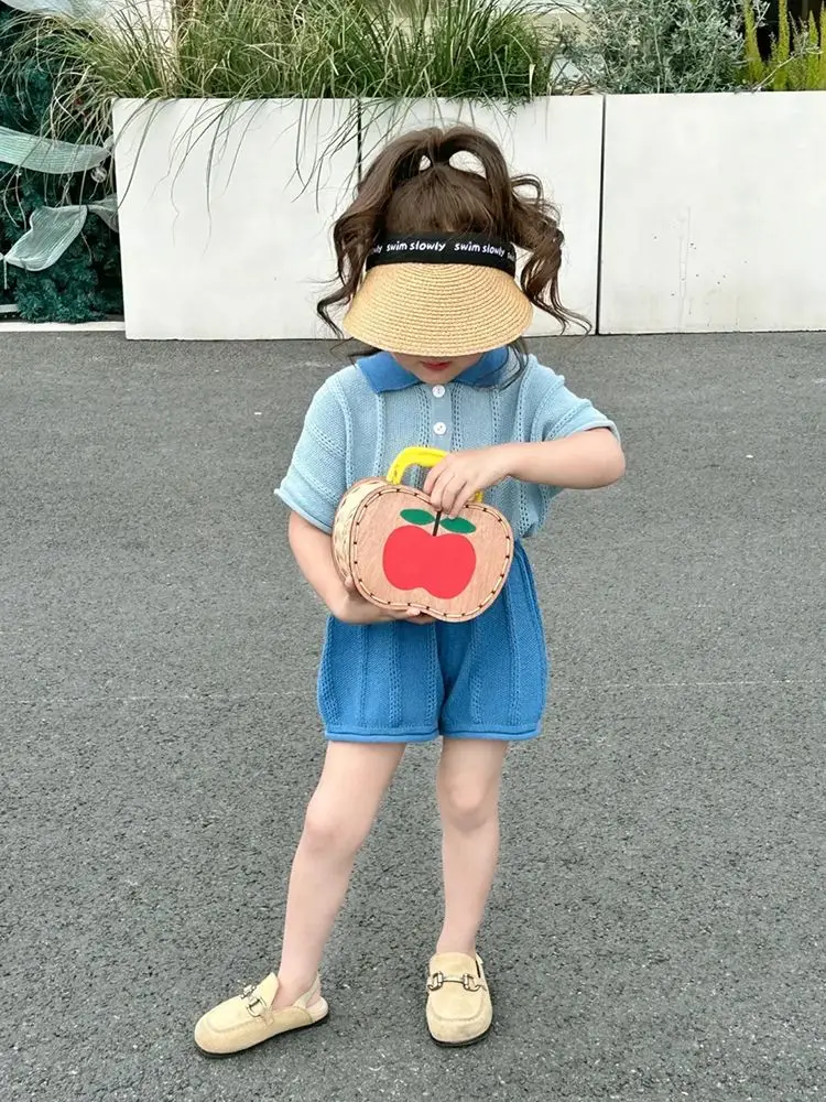 

2023 Mori Girl Summer Kids Sets Short Shirt Button Short Sleeve Short Pants Knitting Soft Thin Fashion New Design