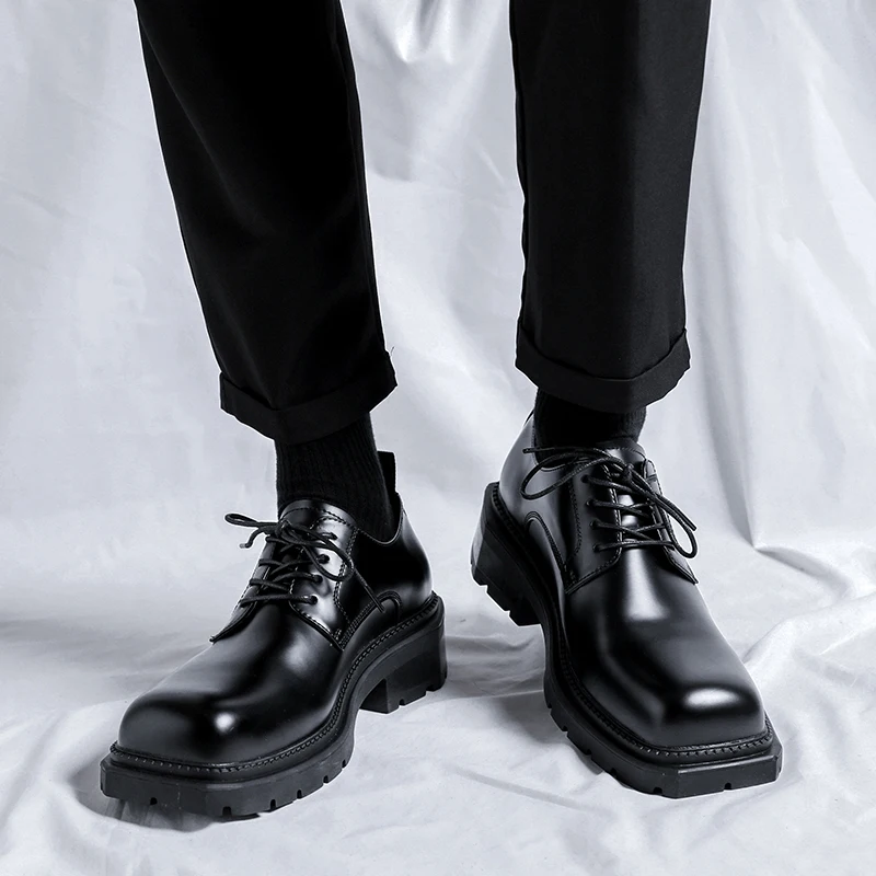 Mens Casual Shoes Business Formal Shoes Japanese Thick Sole Heightened Work Square Toe Men's Shoes