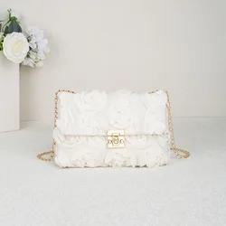 Elegant 3D Rose Satin Evening Bag with Gold Clasp and Detachable Chain (White)