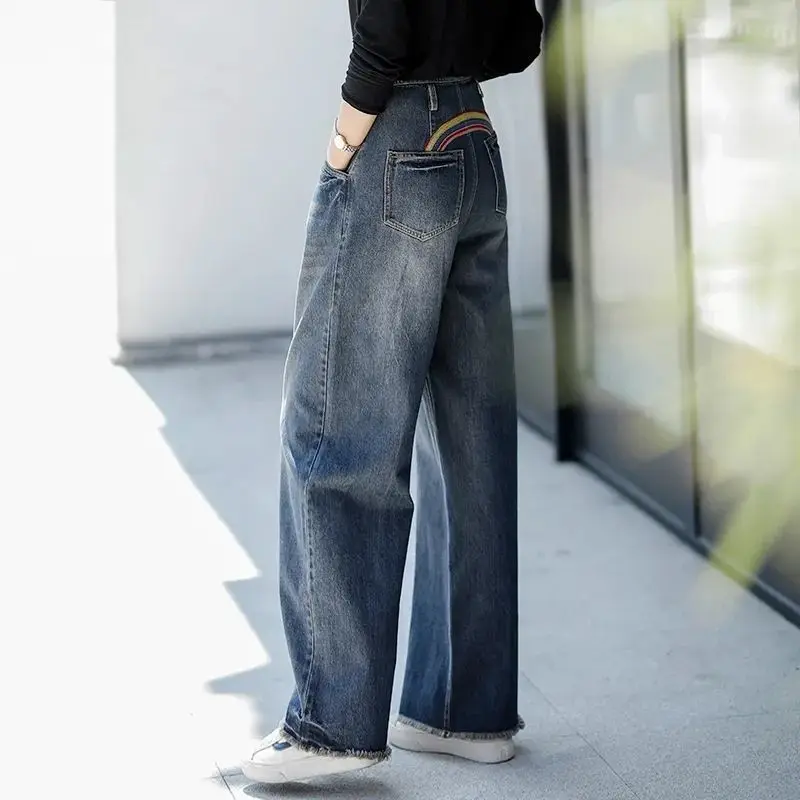 

Jean Women Vintage Style Harajuku Washed Bleached Long Jeans Pants Wide Leg Button Denim Retro High Waist Women Trousers M525