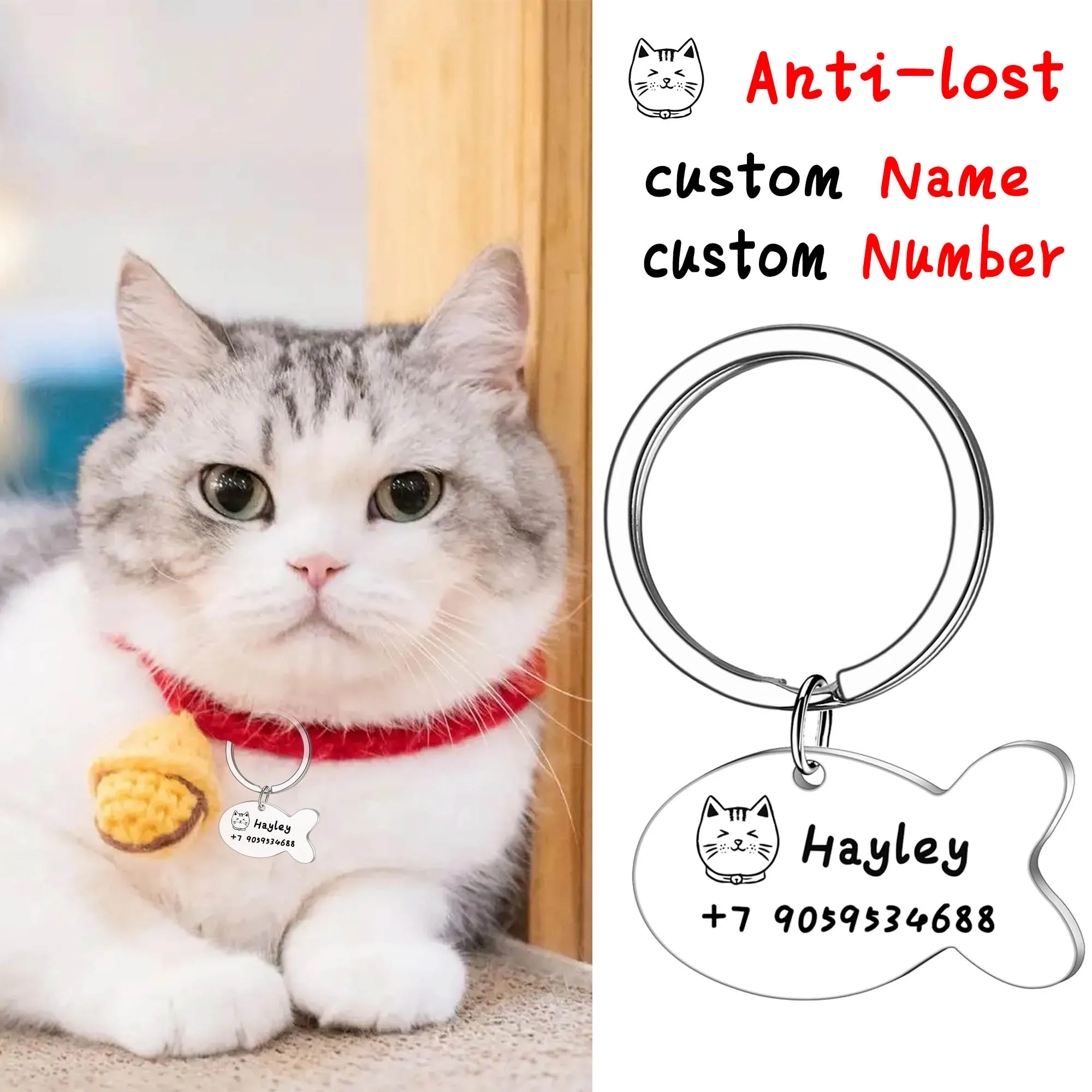 Custom Pet Anti-Lost Information Card Keychain Phone Name Bone Fish Pendant Dog Cat Necklace Stainless Steel Pet Supplies high resilience stretching rope anti lost badge reel elastic keychain burglar trinket id card holder key buckle safety