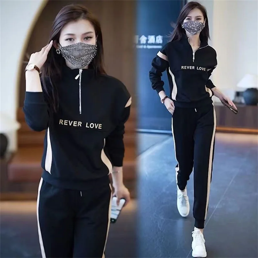 

Casual Loose Jogging Tracksuit 2 Piece Sets Women Outfits Spring Thin Pants Suit Korean Stand Collar Sweatshirt Ensemble Femme
