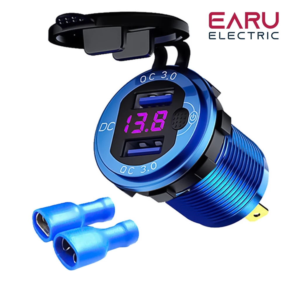EARU Quick Charger Aluminum QC3.0 Dual USB Car Charger with Switch Button LED Voltage Display for 12V/24V Cars Boats Motorcycle