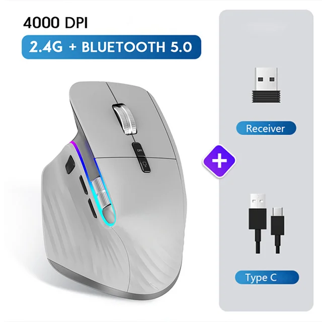 Multi-Device Wireless Mouse Bluetooth 5.0 & 3.0 Mouse 2.4G Wireless Portable Optical Mouse Ergonomic Right Hand Computer Mice 7