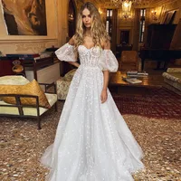 Boho Wedding Dresses For Women Floor Length Custom Made Brides  Lace Appliques Puff Sleeves 3D Flowers A Line Robe De Mariee 1