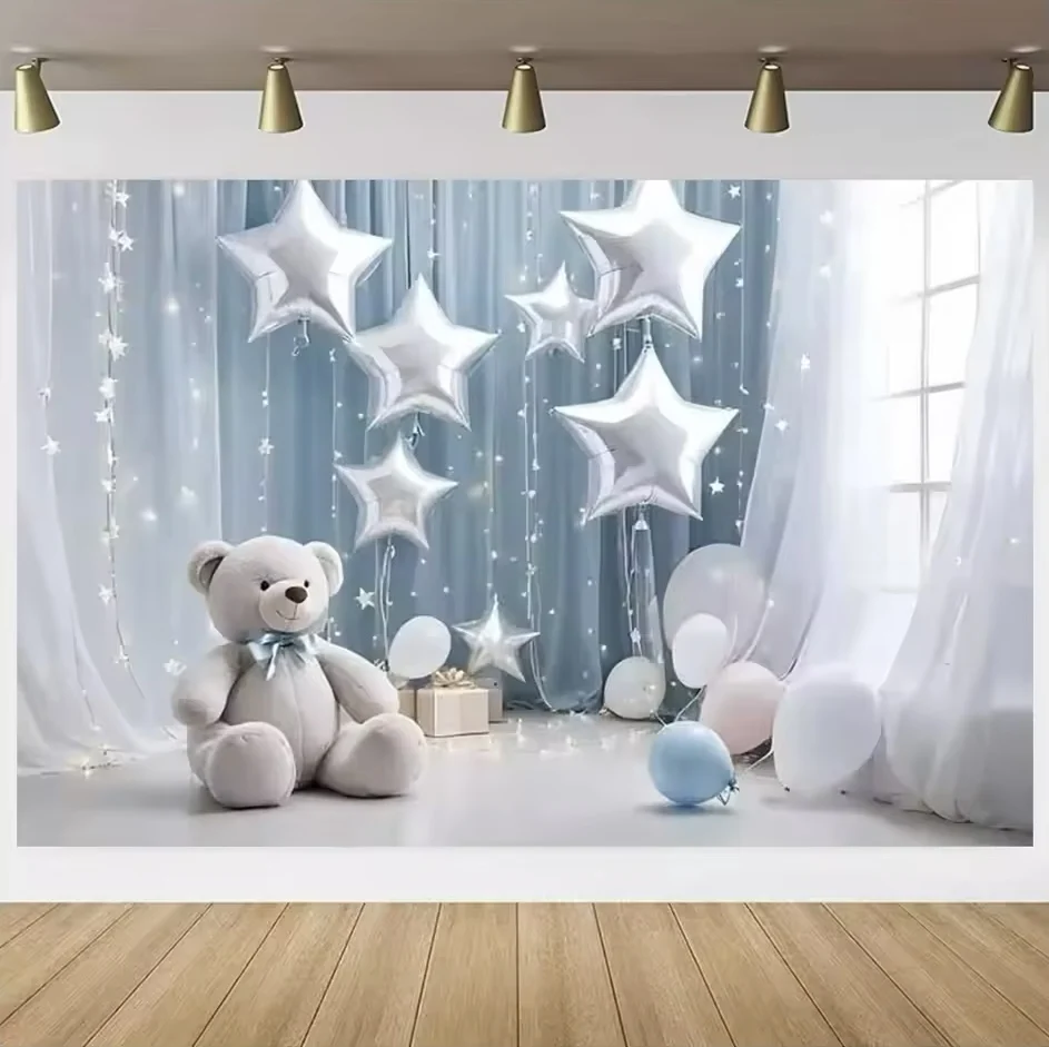 Colorful Balloon Teddy Bear Birthday Party Banner and Baby Shower Photography Backdrop